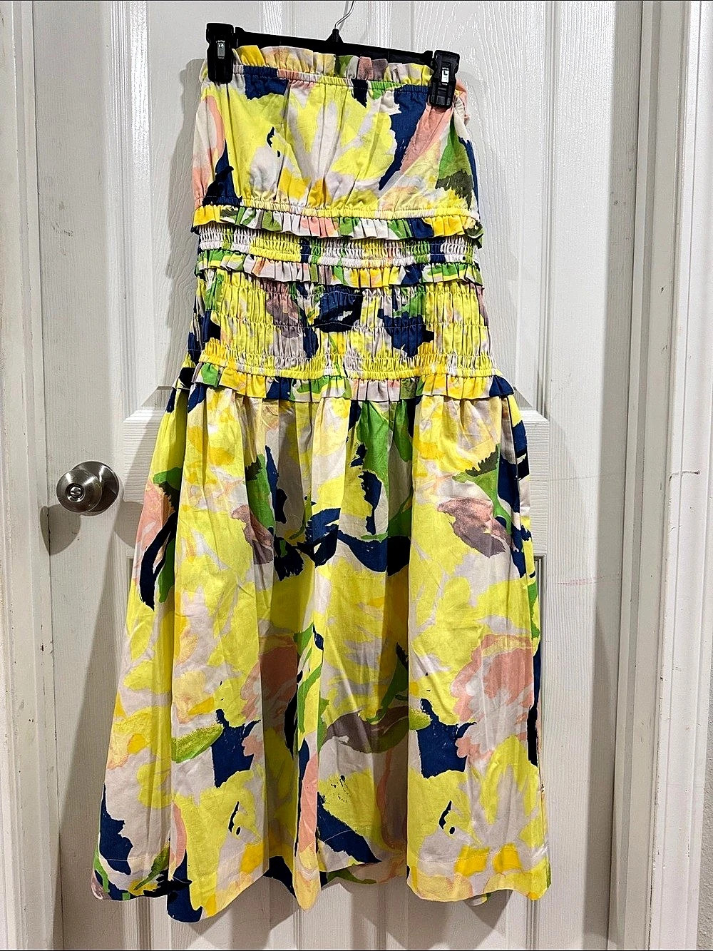 True Assembly Floral Strapless Ruffle Midi Dress Yellow & Blue Size Medium